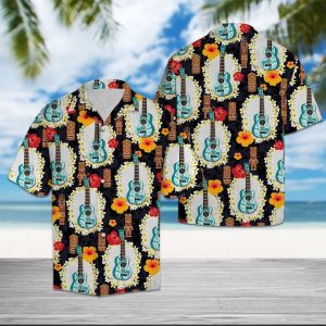 Ukulele Tiki Pattern Hawaiian Shirt Summer Button Up