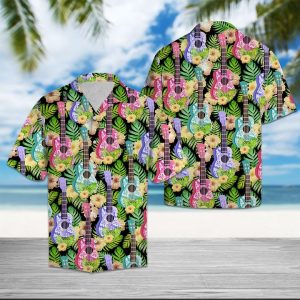 Ukulele Yellow Hibiscus Flower Hawaiian Shirt Summer Button Up