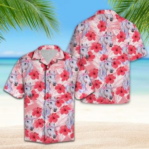 Unicorn Tropical Flowers Hibiscus Hawaiian Shirt Summer Button Up