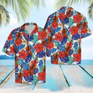 Violin Tropical Plants Hawaiian Shirt Summer Button Up