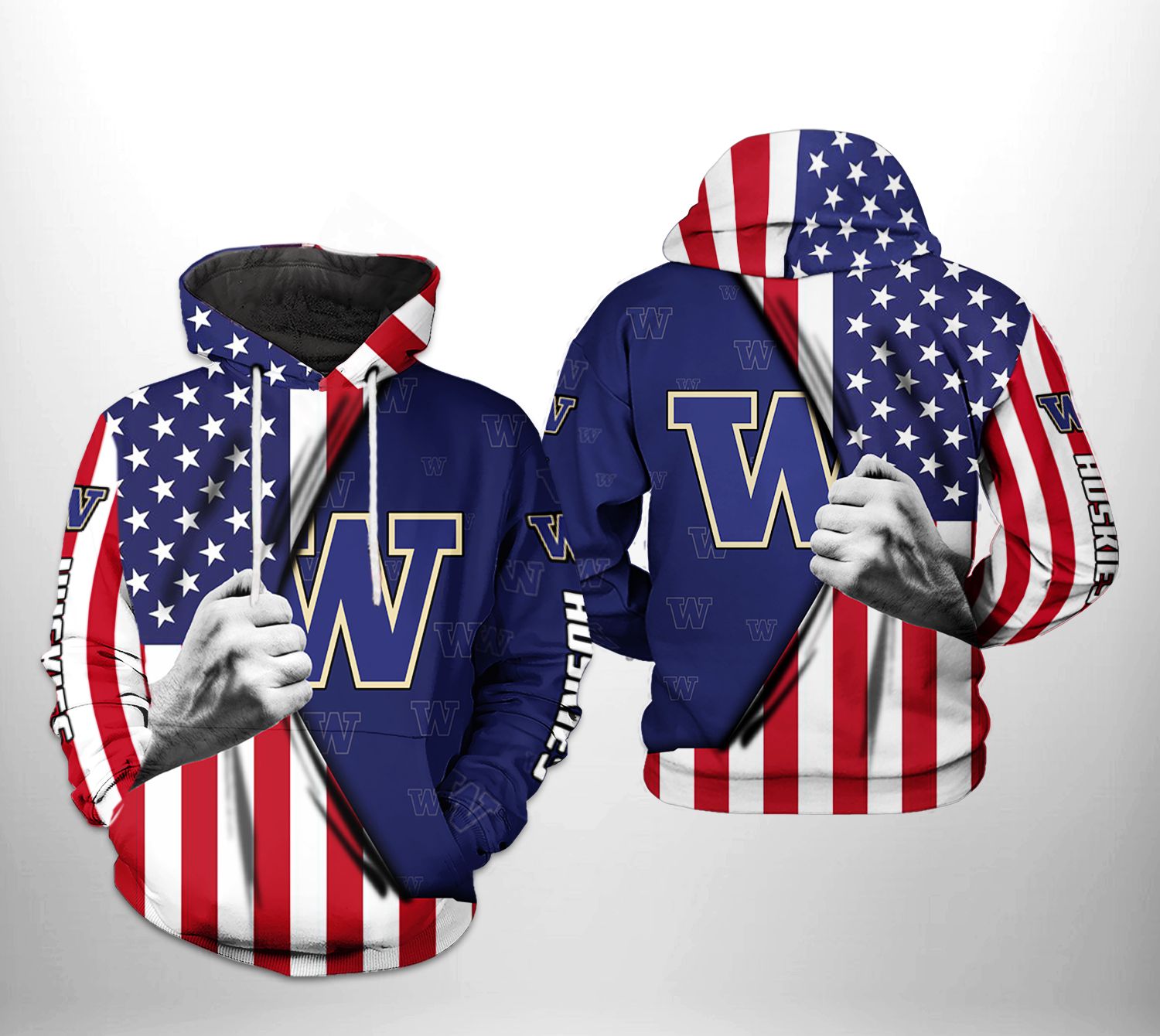 Washington Huskies NCAA US Flag 3D Printed Hoodie/Zipper Hoodie Washington Huskies NCAA US Flag 3D Printed Hoodie/Zipper Hoodie