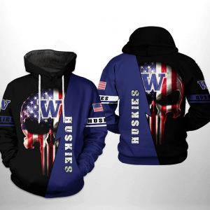 Washington Huskies NCAA US Flag Skull 3D Printed Hoodie/Zipper Hoodie