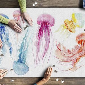 Watercolor Painting Of Colorful Jellyfish On White Background Jigsaw Puzzle Set