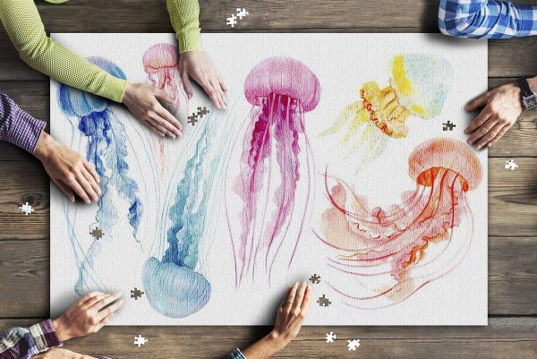 Watercolor Painting Of Colorful Jellyfish On White Background Jigsaw Puzzle Set