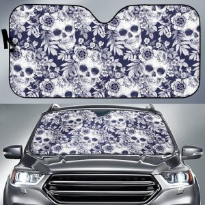 White Blue Skull Floral Car Auto Sun Shade