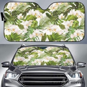 White Orchid Flower Tropical Leaves Pattern Car Auto Sun Shade