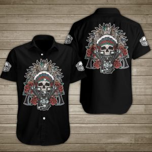 Wild West With Roses Motorcycle Engine Tomahawks American Indian Chief Skull Hawaiian Shirt Summer Button Up