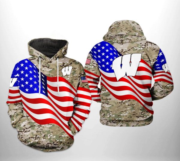 Wisconsin Badgers NCAA US Flag Camo Veteran 3D Printed Hoodie/Zipper Hoodie