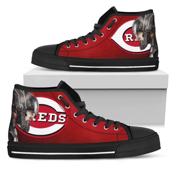 Thor Head Beside Cincinnati Reds High Top Shoes