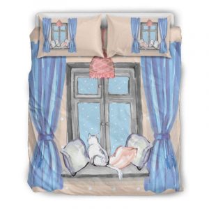 Beautiful White Cat In The Window Duvet Cover and Pillowcase Set Bedding Set
