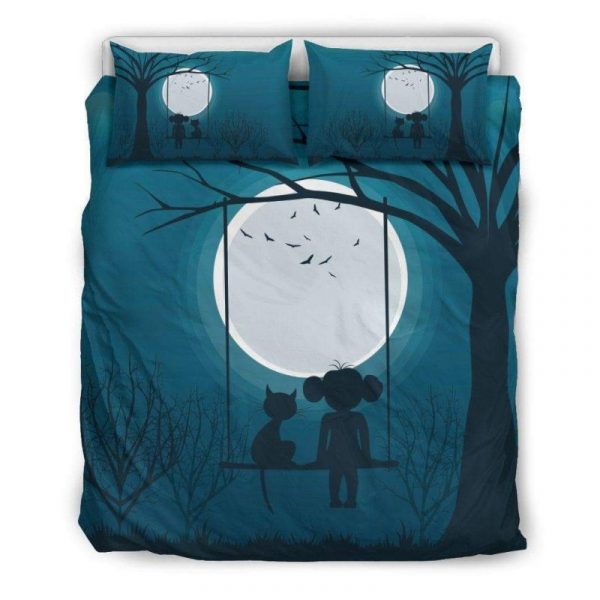 Black Cat And A Little Girl Looking At The Moon Duvet Cover and Pillowcase Set Bedding Set