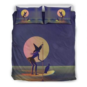 Black Cat And The Witch Paddling On The Board Duvet Cover and Pillowcase Set Bedding Set