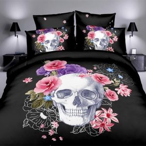 Black Skull Flowers Duvet Cover and Pillowcase Set Bedding Set