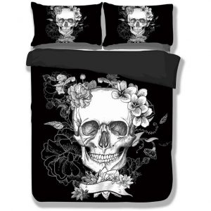 Black White Floral Skull Duvet Cover and Pillowcase Set Bedding Set