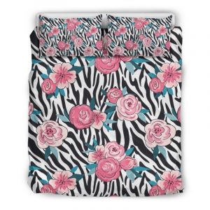 Black White Zebra Floral Pattern Print Duvet Cover and Pillowcase Set Bedding Set