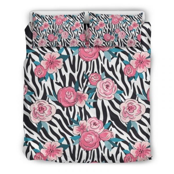 Black White Zebra Floral Pattern Print Duvet Cover and Pillowcase Set Bedding Set