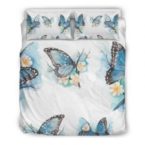 Blossom Blue Butterfly Pattern Print Duvet Cover and Pillowcase Set Bedding Set
