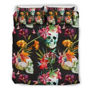 Blossom Flowers Skull Pattern Print Duvet Cover and Pillowcase Set Bedding Set