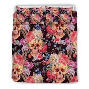 Blossom Peony Skull Pattern Print Duvet Cover and Pillowcase Set Bedding Set