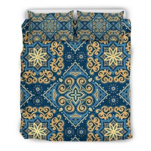 Blue And Gold Bohemian Mandala Print Duvet Cover and Pillowcase Set Bedding Set