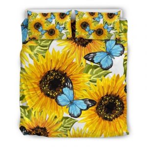 Blue Butterfly Sunflower Pattern Print Duvet Cover and Pillowcase Set Bedding Set