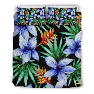 Blue Hawaiian Wildflowers Pattern Print Duvet Cover and Pillowcase Set Bedding Set