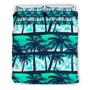 Blue Hibiscus Palm Tree Pattern Print Duvet Cover and Pillowcase Set Bedding Set