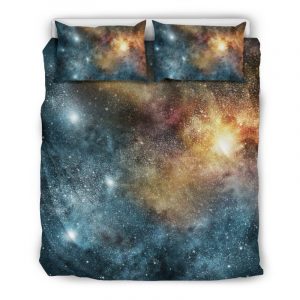 Blue Orange Stardust Galaxy Space Print Duvet Cover and Pillowcase Set Bedding Set