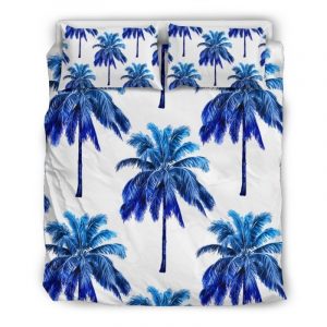 Blue Palm Tree Pattern Print Duvet Cover and Pillowcase Set Bedding Set