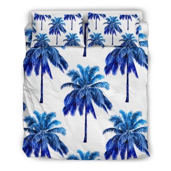Blue Palm Tree Pattern Print Duvet Cover and Pillowcase Set Bedding Set