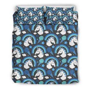 Blue Rainbow Unicorn Pattern Print Duvet Cover and Pillowcase Set Bedding Set
