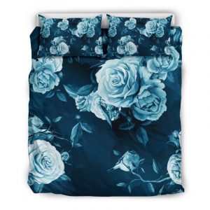 Blue Rose Floral Flower Pattern Print Duvet Cover and Pillowcase Set Bedding Set