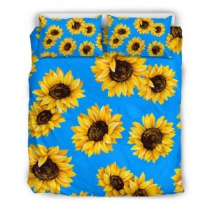 Blue Sunflower Pattern Print Duvet Cover and Pillowcase Set Bedding Set