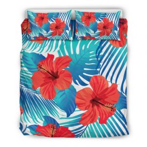 Blue Tropical Hibiscus Pattern Print Duvet Cover and Pillowcase Set Bedding Set
