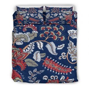 Blue Vintage Bohemian Floral Print Duvet Cover and Pillowcase Set Bedding Set