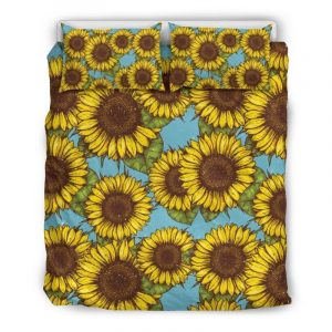 Blue Vintage Sunflower Pattern Print Duvet Cover and Pillowcase Set Bedding Set