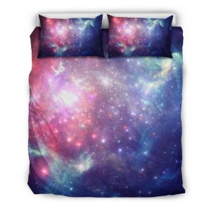 Bright Red Blue Stars Galaxy Space Print Duvet Cover and Pillowcase Set Bedding Set