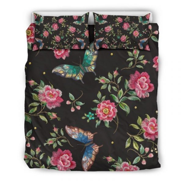 Butterfly And Flower Pattern Print Duvet Cover and Pillowcase Set Bedding Set