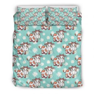 Cartoon Cow And Daisy Flower Print Duvet Cover and Pillowcase Set Bedding Set