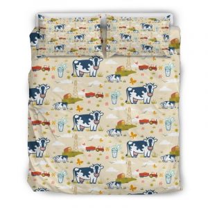 Cartoon Dairy Cow Farm Pattern Print Duvet Cover and Pillowcase Set Bedding Set