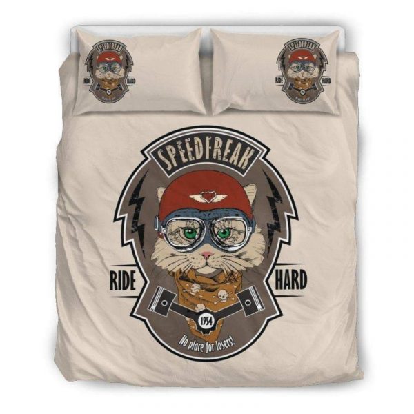Cat Wearing Motorcyclist Helmet Duvet Cover and Pillowcase Set Bedding Set