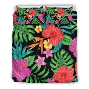 Colorful Hibiscus Flowers Pattern Print Duvet Cover and Pillowcase Set Bedding Set