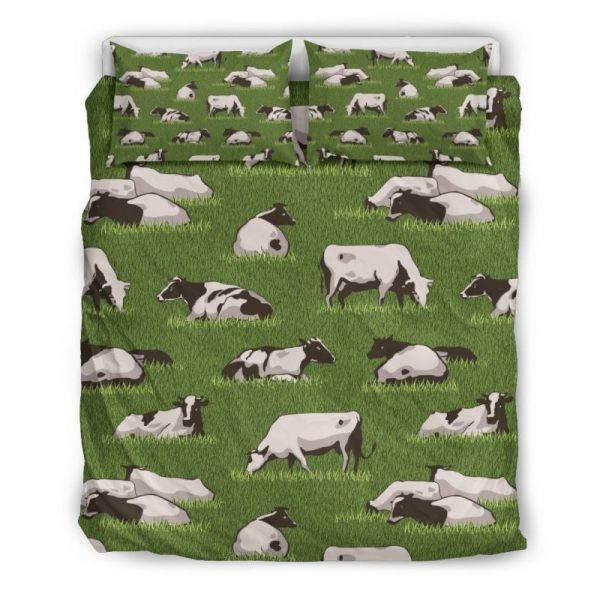 Cow On Green Grass Pattern Print Duvet Cover and Pillowcase Set Bedding Set