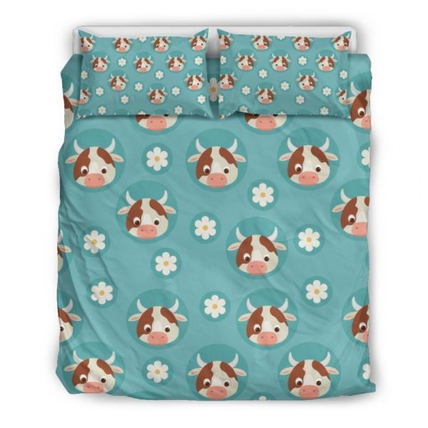 Cute Cow And Daisy Flower Pattern Print Duvet Cover and Pillowcase Set Bedding Set