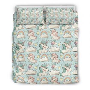 Cute Rainbow Unicorn Pattern Print Duvet Cover and Pillowcase Set Bedding Set