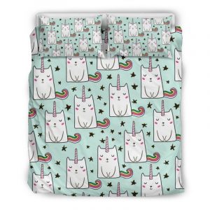 Cute Unicorn Cat Pattern Print Duvet Cover and Pillowcase Set Bedding Set