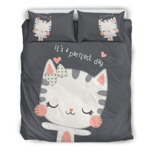 Cute White Kitty With Stripes Duvet Cover and Pillowcase Set Bedding Set