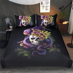Dangerous Monster Purple Floral Skull Duvet Cover and Pillowcase Set Bedding Set 394