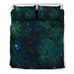 Dark Green Galaxy Space Print Duvet Cover and Pillowcase Set Bedding Set