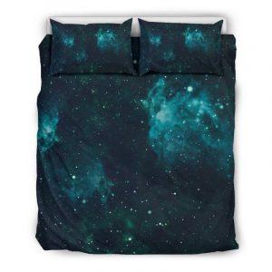 Dark Teal Galaxy Space Print Duvet Cover and Pillowcase Set Bedding Set